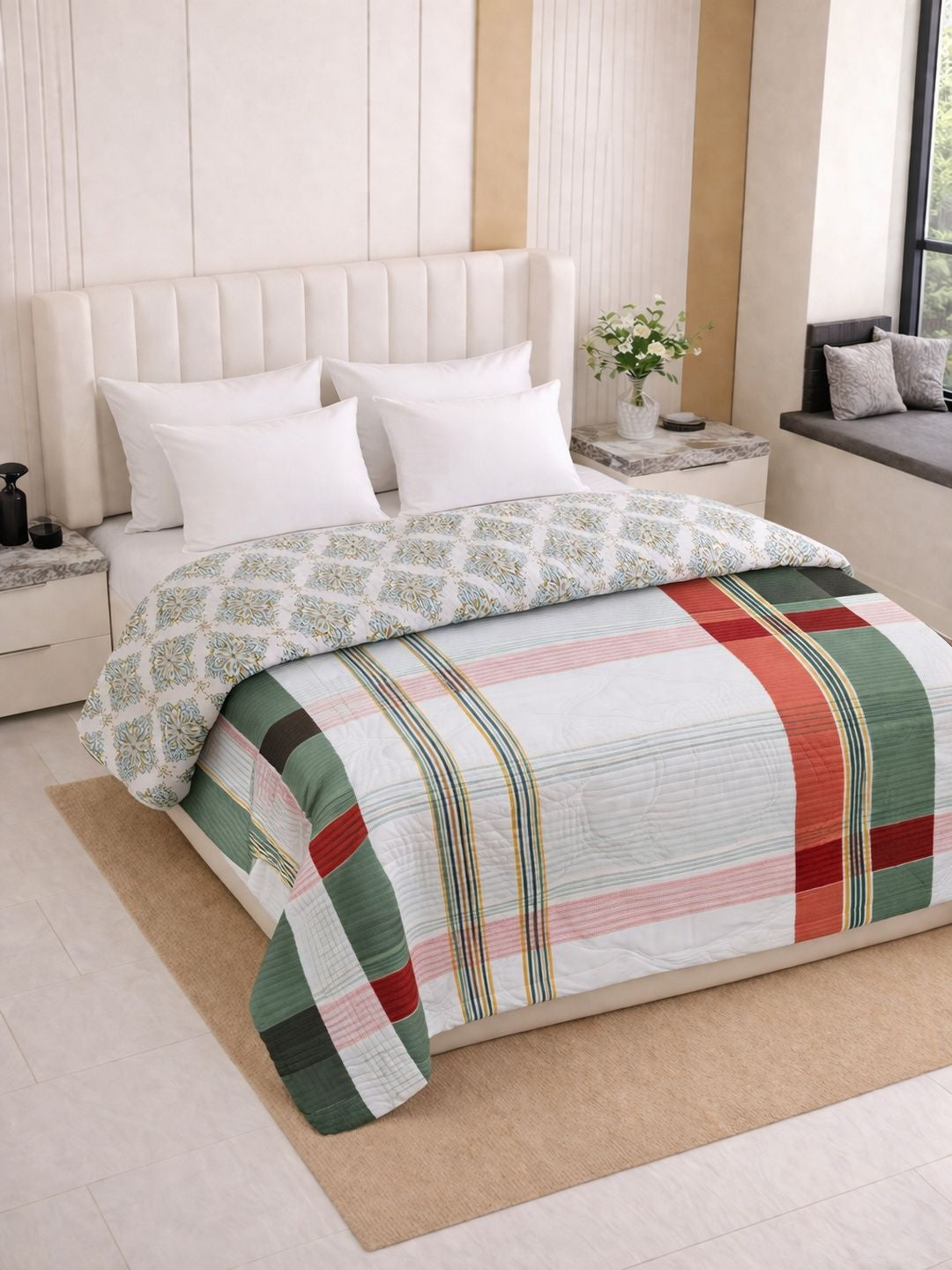 Green & white geometric AC room dohar